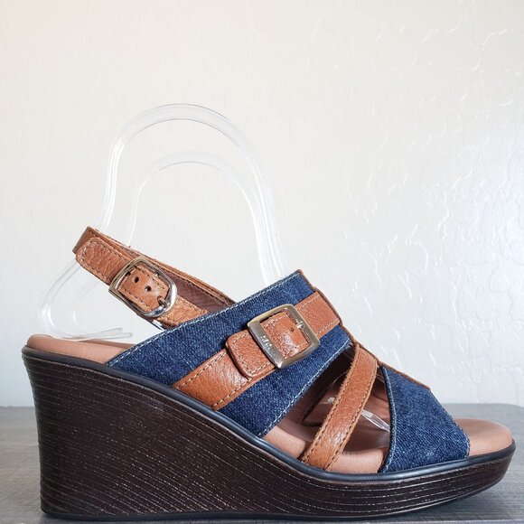 SAS Layla Denim Leather Wedge Sandal Blue Jean Women's 6 Strappy Comfort Western - Picture 1 of 11